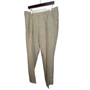 River Island Mens 100% Linen Tailored Trousers Beige Tan Flat Front Pants 38x32